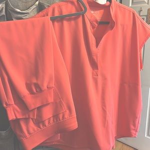 Figs scrub set. Hot Coral PO 1758. Rafael style top in XL and Xl petite joggers.